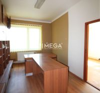 An office interior with a desk and a wooden decor floor.