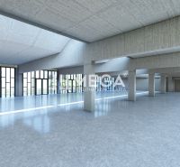 A large glass hall in commercial premises with concrete columns and a smooth floor.