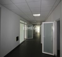 Offices with white walls, dark floors, and bright glass doors.