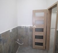 Commercial premises with a tiled wall and wooden doors.