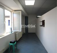 A narrow room with blue tiles and a large window in commercial premises.
