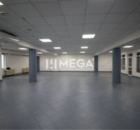 Spacious commercial premises with dark tiles and a suspended ceiling, suitable for business.