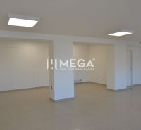 Commercial spaces with white walls and tiles, sets of lights on the ceiling.