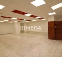 Interior of a commercial space with tiled flooring and ceiling lighting, shelves on the wall.
