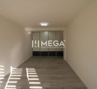 A room in a 2-room apartment with a wooden decor floor and a built-in wardrobe.