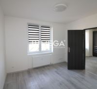 A room with a wooden decor floor in a 2-room apartment, white walls, window, door.