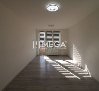 A spacious room in a 2-room apartment with a wooden decor floor and a large window.