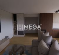 Living room in a family house with a fireplace, wood-patterned flooring, and a large television.