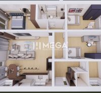 Floor plan of a family house with a wooden decor floor and modern furniture.