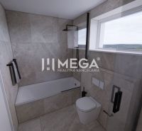 A bathroom with a bathtub and a window offers a view of the landscape. Family house.