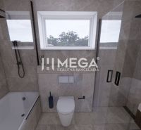 A bathroom in a family house with modern equipment, a bathtub, and a shower.