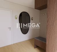 Interior of a family house with a mirror and a wooden decor floor.