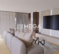 Living room in a family house with a comfortable sofa, television, and wooden decor flooring.