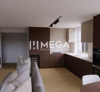 In the family house, there is a kitchen with built-in appliances, a rectangular table, and a floor with a wooden decor.