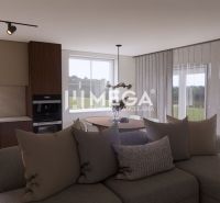 Living room with wood-patterned flooring, a sofa, and a kitchenette in a family house.