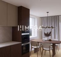 A kitchen with a wood-patterned floor and a dining table in a family house.