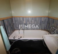 A bathroom with a bathtub and a sink in a 2-room apartment.