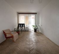 Living room in a two-room apartment with a wooden decor floor and simple furnishings.