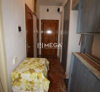 A hallway in a 2-room apartment with a wardrobe and a carpet with a floral pattern.