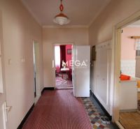 A hallway in a family house with carpet flooring and a retro light fixture.