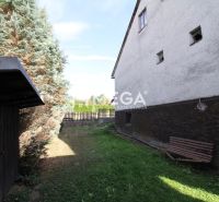 The garden at the family house on Volica Street in the town of Volica with a bench and coniferous trees.