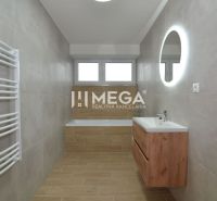 A bathroom with a bathtub, light tiles, and a floor with a wooden decor in a 3-room apartment.