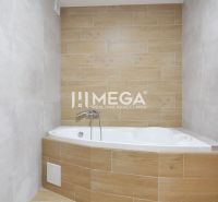 A bathroom in a 2-room apartment with a bathtub and tiles with a wooden decor.