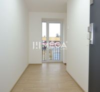 Narrow corridor, light walls, floor with wood decor, French window.
