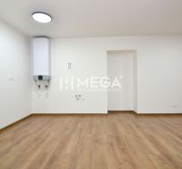 A spacious room with a wooden decor floor and a mounted heater in a 2-room apartment.