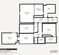 Floor plan of a family house with five bedrooms, a kitchen, a dining room, and a living room.