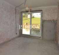 Room in a family house with unfinished plaster and a large window to the garden.