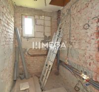 Reconstruction of a room in a family house with exposed brick walls and a ladder.