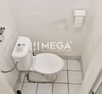 The restroom in the office with white walls and ceramic flooring.