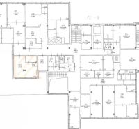 Floor plan of offices with arranged rooms and storage areas.