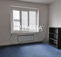 Room with carpeted floor, shelves, and a window in commercial premises.
