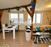 Living room with a dining table, sofa, carpet, wooden decor flooring, decorations.