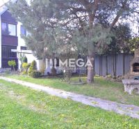 The garden of a family house in Koškovce with a large tree and an outdoor fireplace.