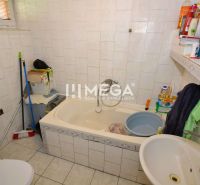 A bathroom in a family house with a bathtub, a sink, and toiletries on the shelf.