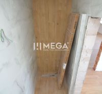 Bathroom renovation in a 2-room apartment with a wooden decor floor.