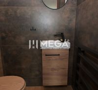 A bathroom in a family house with brown tiles and a wooden decor floor.