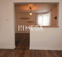 Interior of a family house with a wooden decor floor, kitchen unit, and shelves.