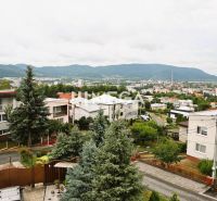 A view of the Poľana housing estate in Humenné with family houses, greenery, and mountains in the background.