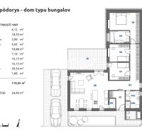 Floor plan of a bungalow with three rooms and a terrace in a family house.