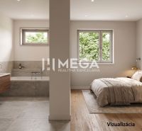 Bedroom with wood-patterned flooring and bathroom, connected in a family house.