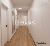 A hallway in a family house with a wooden decor floor and modern art on the wall.