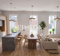 Living area with a kitchen in a family house, wooden decor flooring, and large windows.