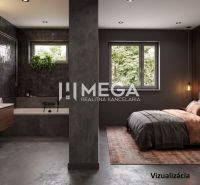 Bathroom and bedroom with muted colors and wood-patterned flooring in a family house.