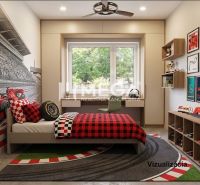 Children's room with a motoring theme in a family house, with a bed and decorative pictures.