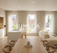 A kitchen and living room in a family house with a wooden decor floor and large windows.