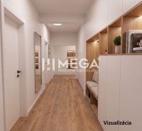 Hallway of a family house with built-in wardrobes, a mirror, and a floor with a wooden decor.